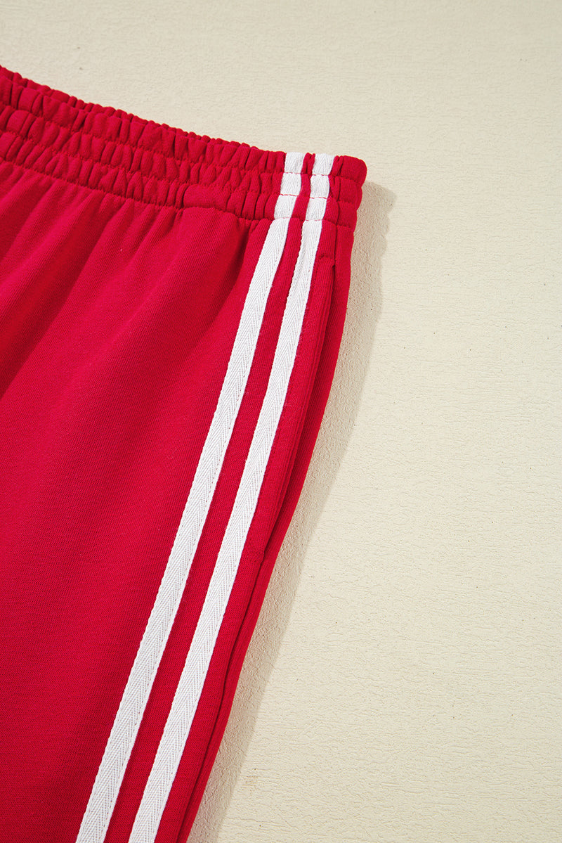 Red Varsity Striped Detail Crewneck Pullover Elastic Sweatpants 2pcs Outfit