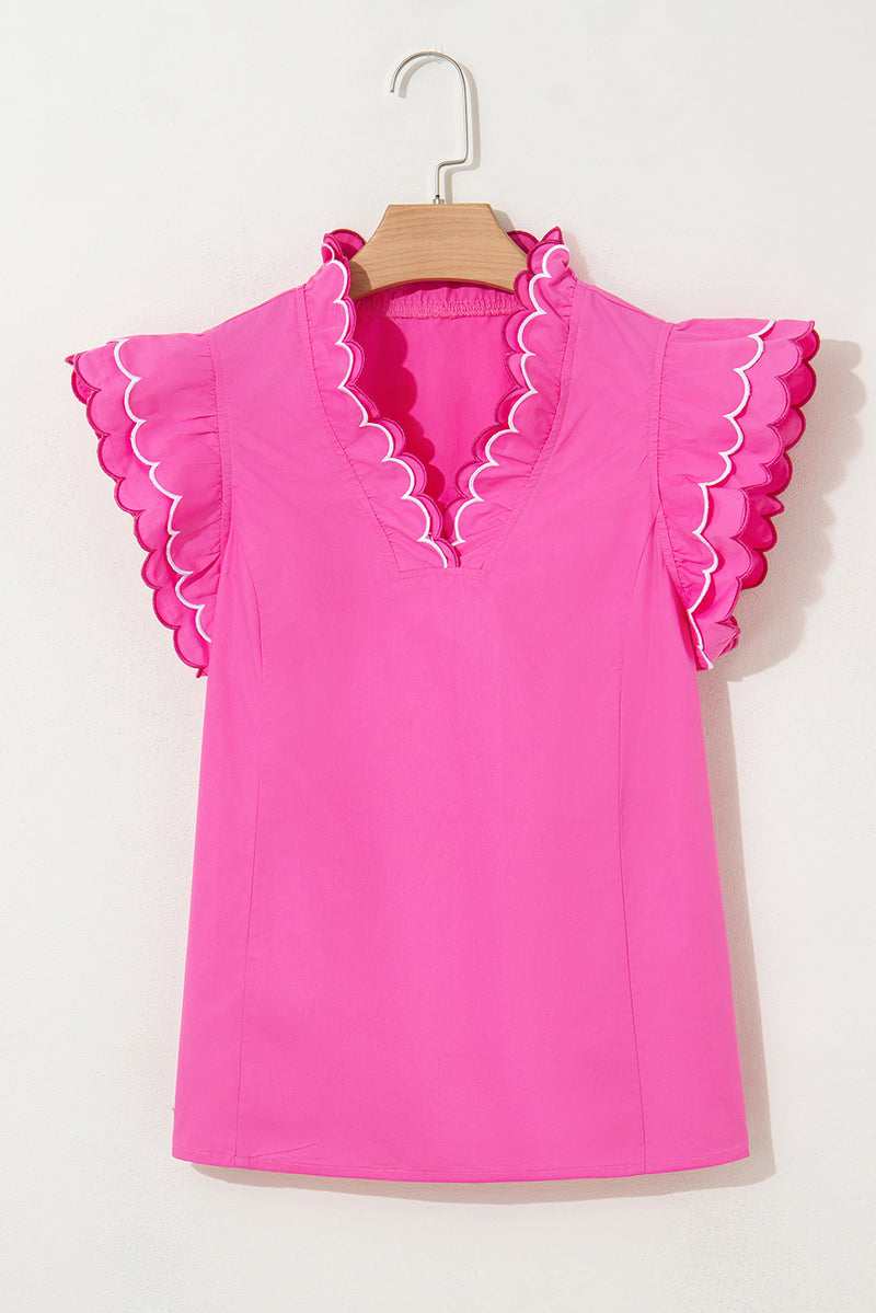 Solid Contrast Scallop Trim Layered Short Sleeve V Neck Blouse