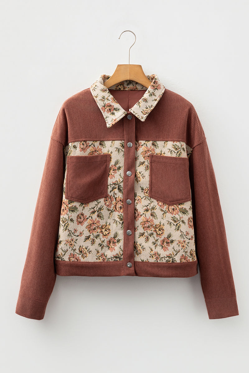 Brown Ribbed Retro Floral Patchwork Shirt Style Jacket