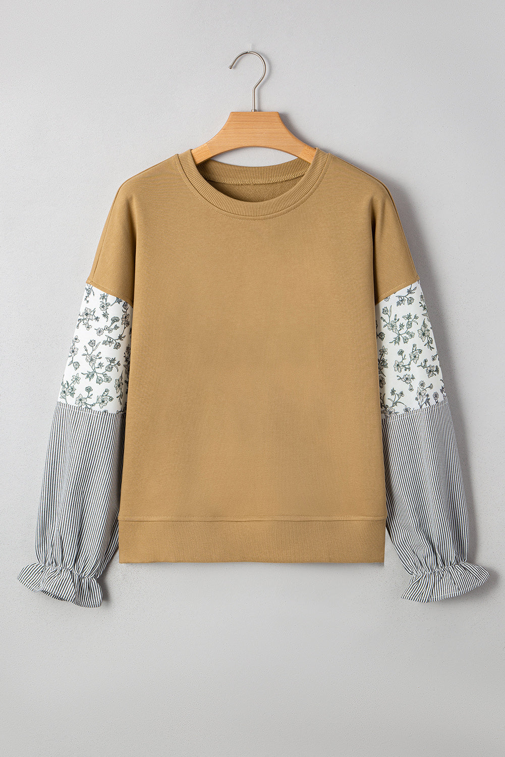 Floral Striped Patchwork Ruffled Sleeve Crew Neck Sweatshirt
