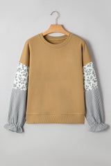 Floral Striped Patchwork Ruffled Sleeve Crew Neck Sweatshirt