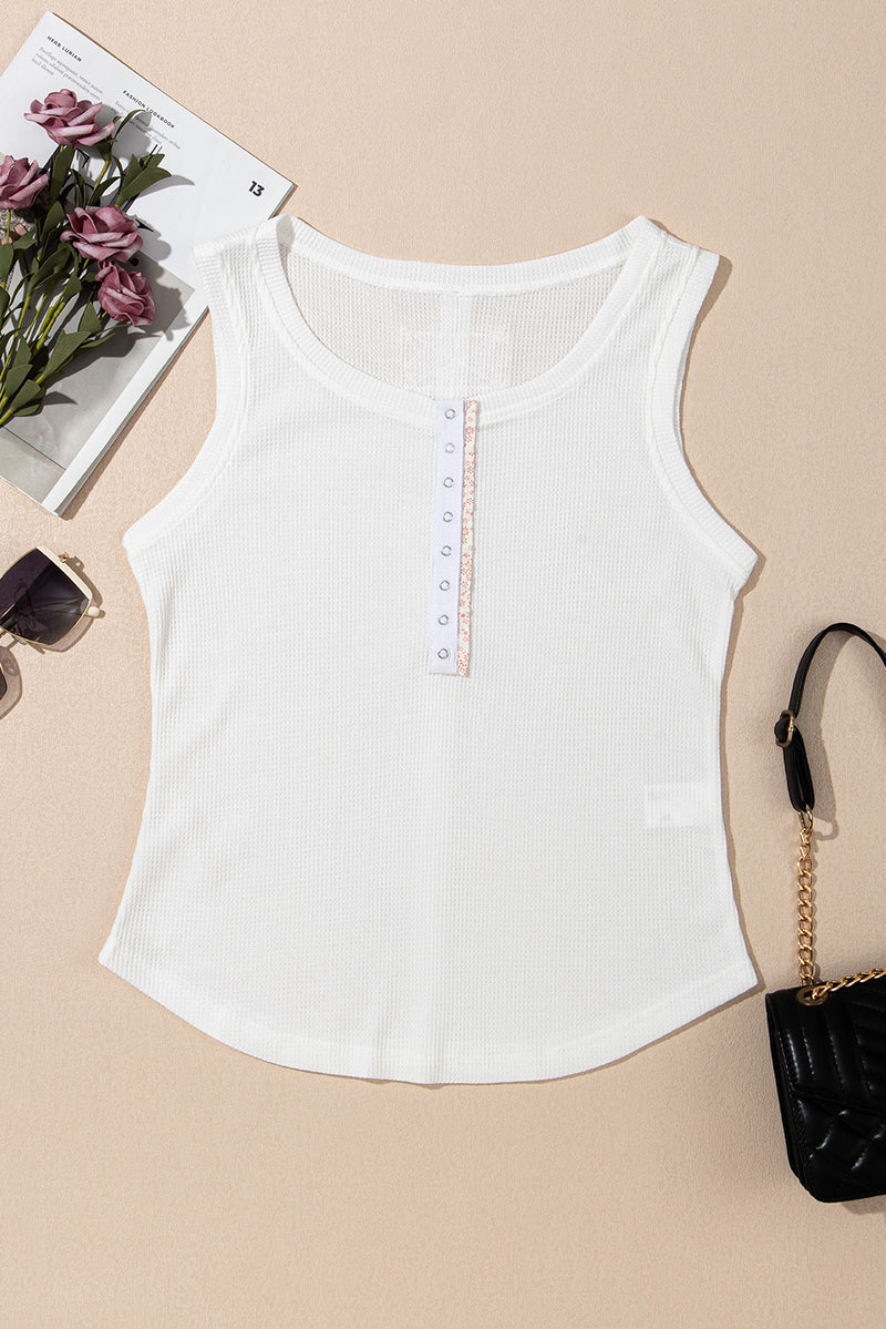 Solid Color Waffle Knit Half Buttons Tank Top
