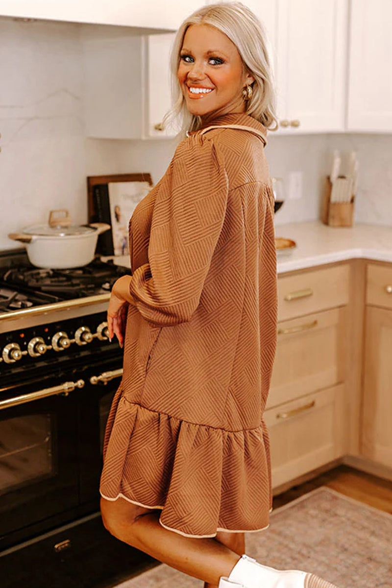 Quarter Zip Collar Bracelet Sleeve Textured Mini Dress