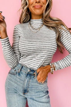 Stripe Ribbed High Neck Slim Fit Long Sleeve Top