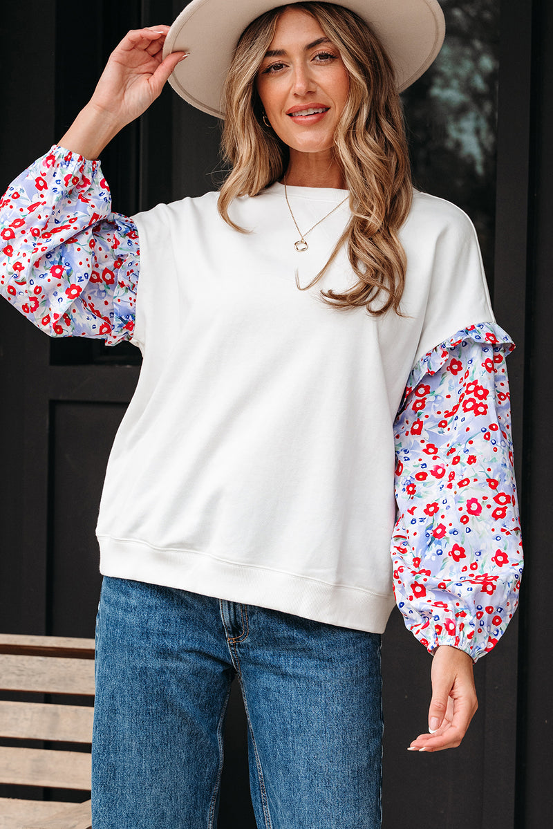 Floral Ruffled Balloon Sleeve Patchwork Loose Blouse