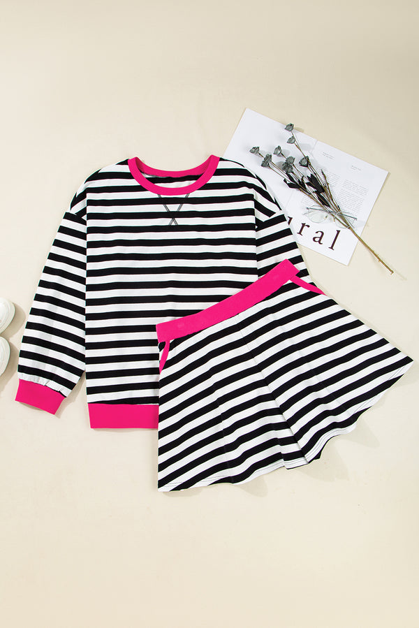 Stripe Color Block Edge Pullover and Shorts PLus Size Set
