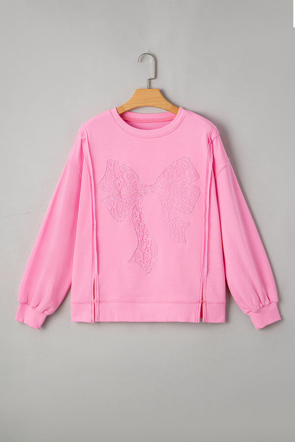 Lace Insert Bow Embroidered Exposed Seam Sweatshirt