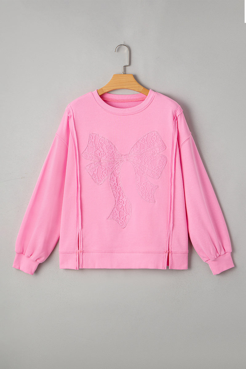 Lace Insert Bow Embroidered Exposed Seam Sweatshirt