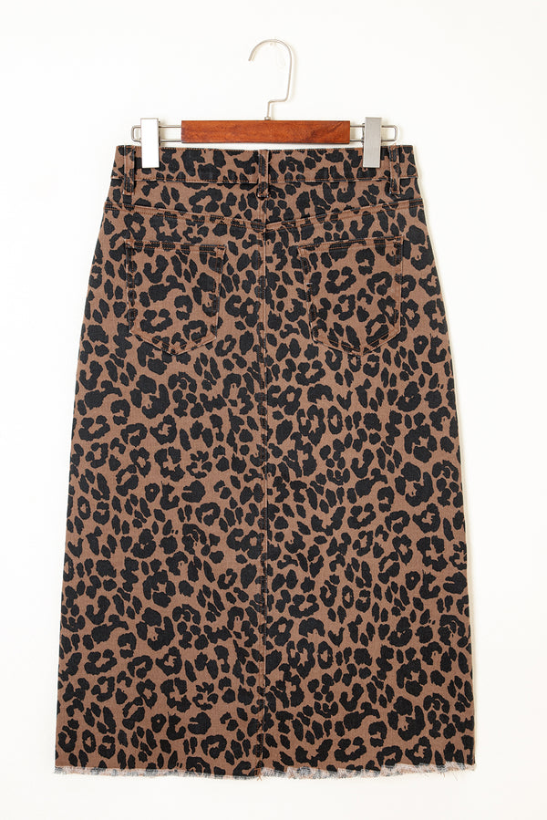 Leopard Denim Frayed Split Denim Midi Skirt
