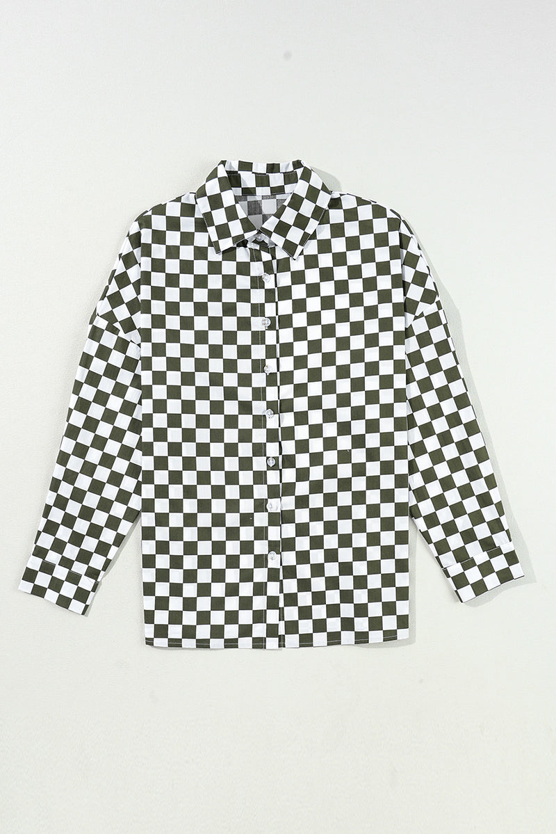Checkerboard Printed Drop Shoulder Loose Casual Shirt