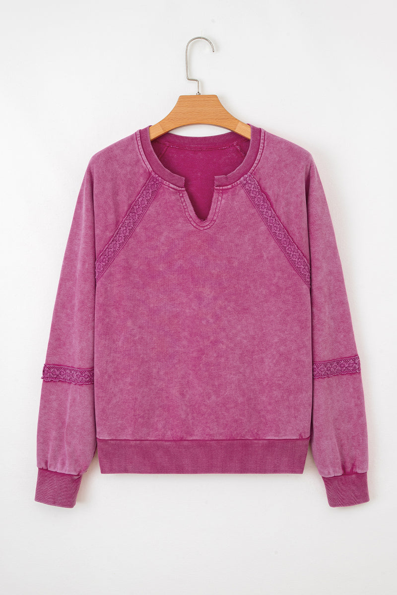 Lace Patchwork Detail Notched Neck Mineral Wash Baggy Sweatshirt