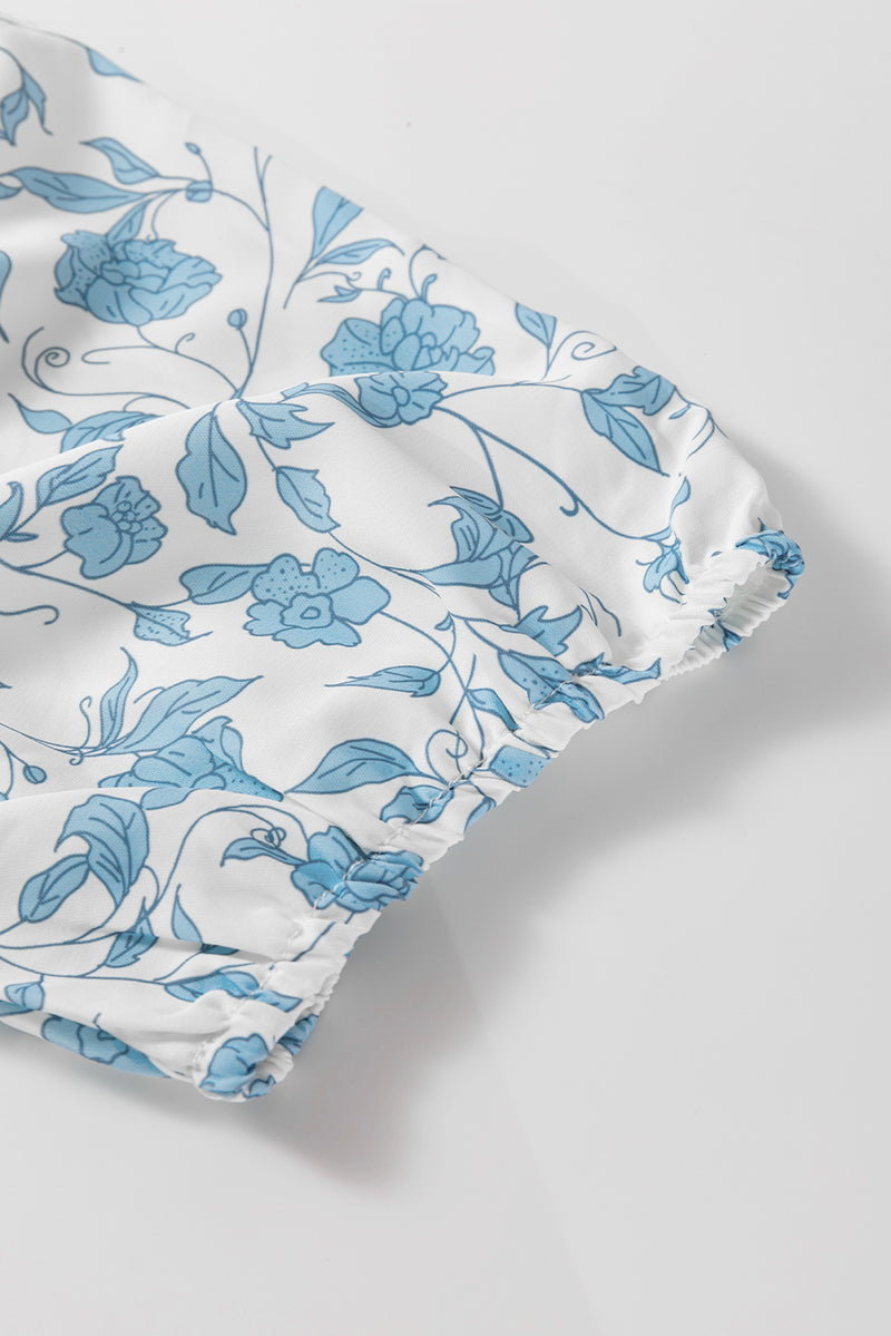 Floral Contrast Bow Puff Sleeve Mini Dress