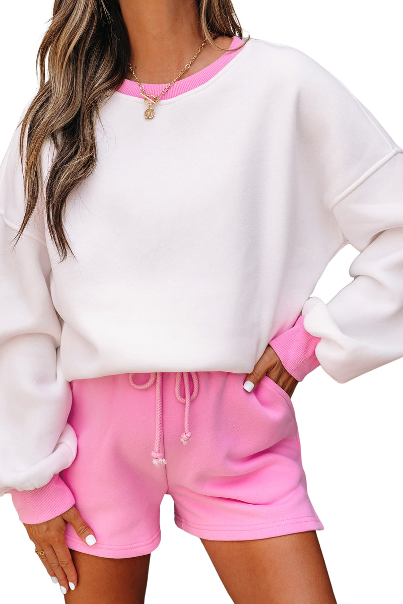 Color Block Pullover and Lace-up Elastic Waist Shorts Set
