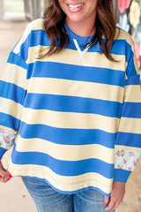 Blue Stripe Floral Color Block Drop Shoulder Plus Size Pullover Top