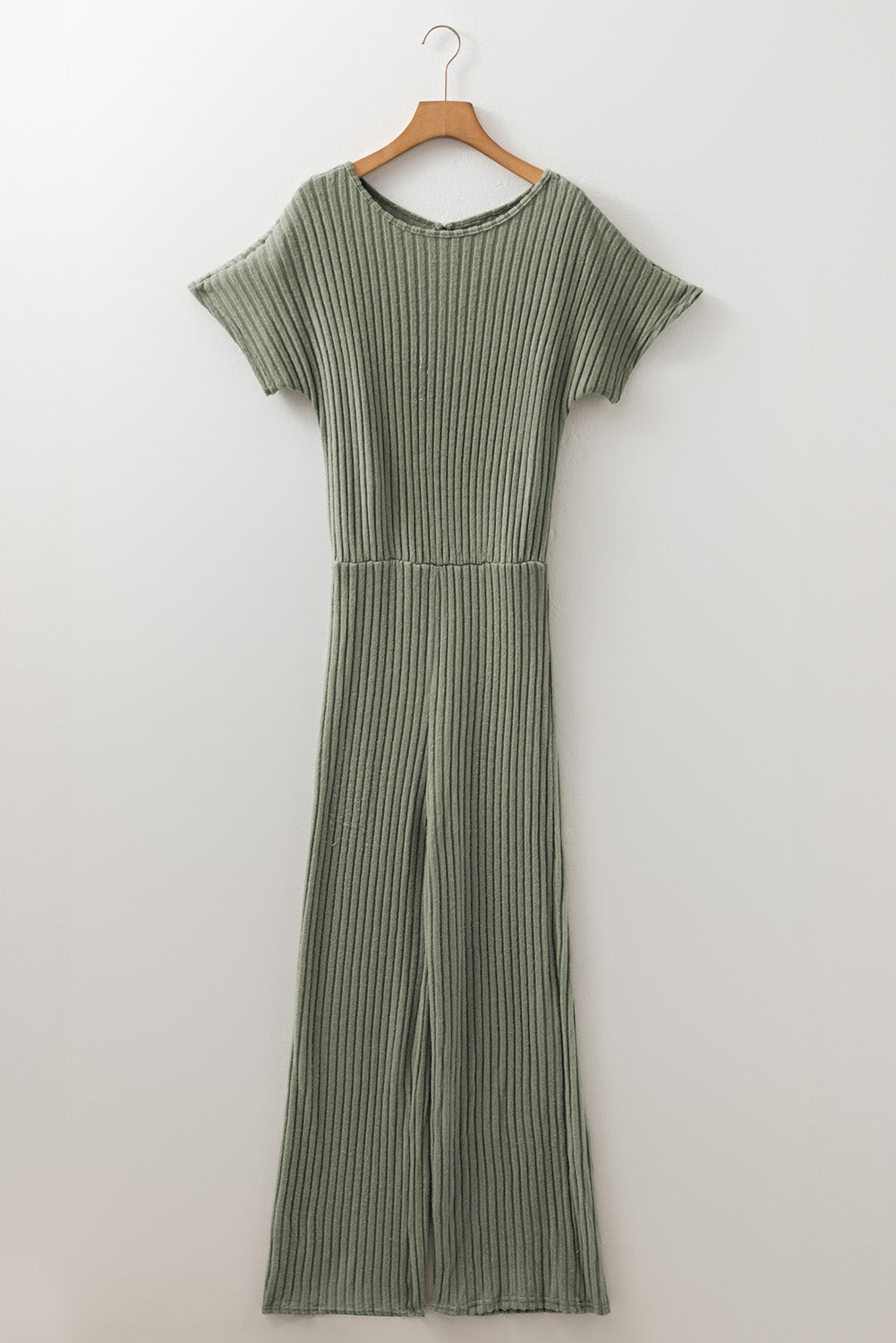Solid Ribbed Keyhole Short Sleeve Wide Leg Jumpsuit