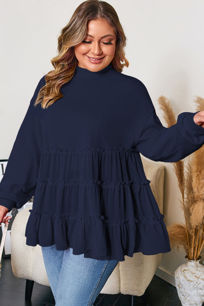 Tiered Ruffle Ribbed Crew Neck Pullover Plus Size Top