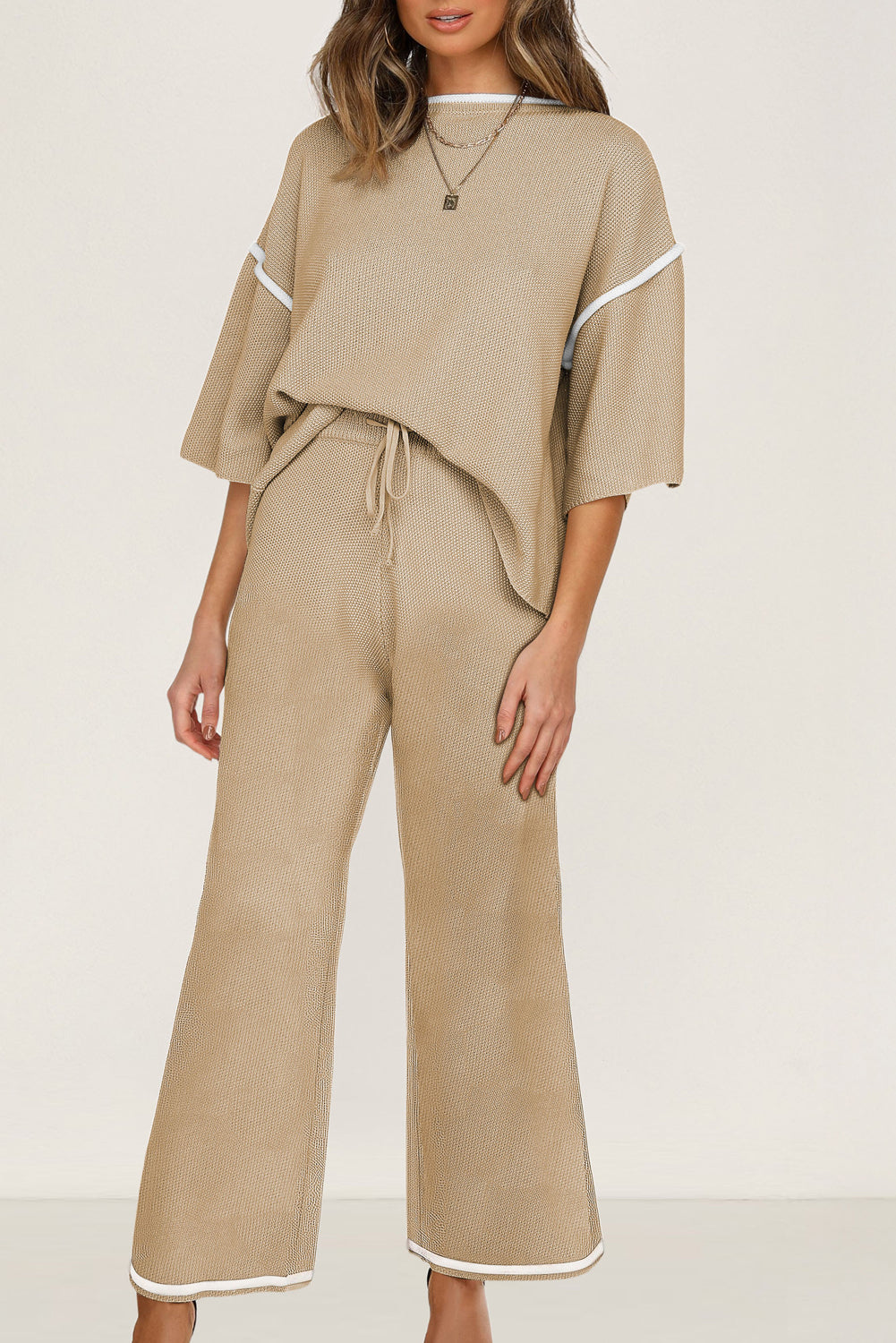 Camel Contrast Trim Half Sleeve Top Drawstring Pants Loose 2pcs Sweater Suit