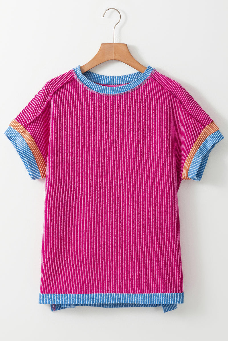 Solid Textured Contrast Trim Round Neck T Shirt