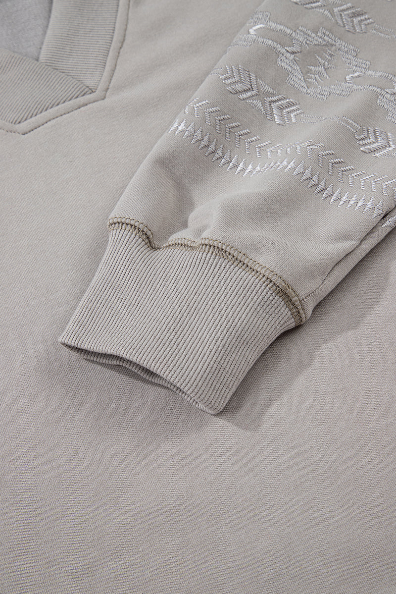 Beige Aztec Embroidered Western V Neck Sweatshirt