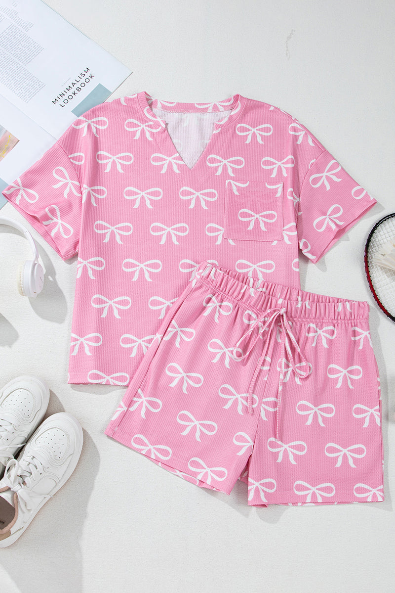 Waffle Knit Bowknot Printed V Neck T Shirt and Shorts Set