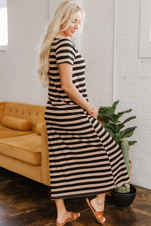 Stripe Casual Round Neck T-shirt Maxi Dress with Pockets
