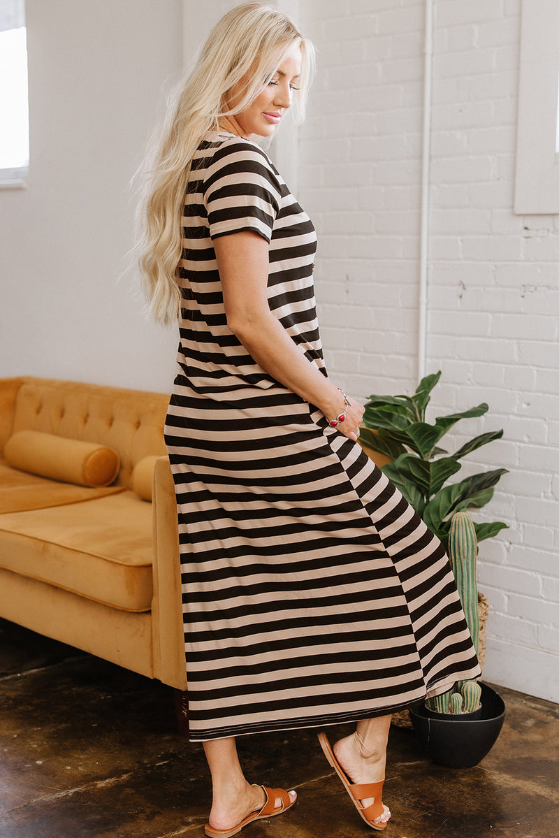 Stripe Casual Round Neck T-shirt Maxi Dress with Pockets