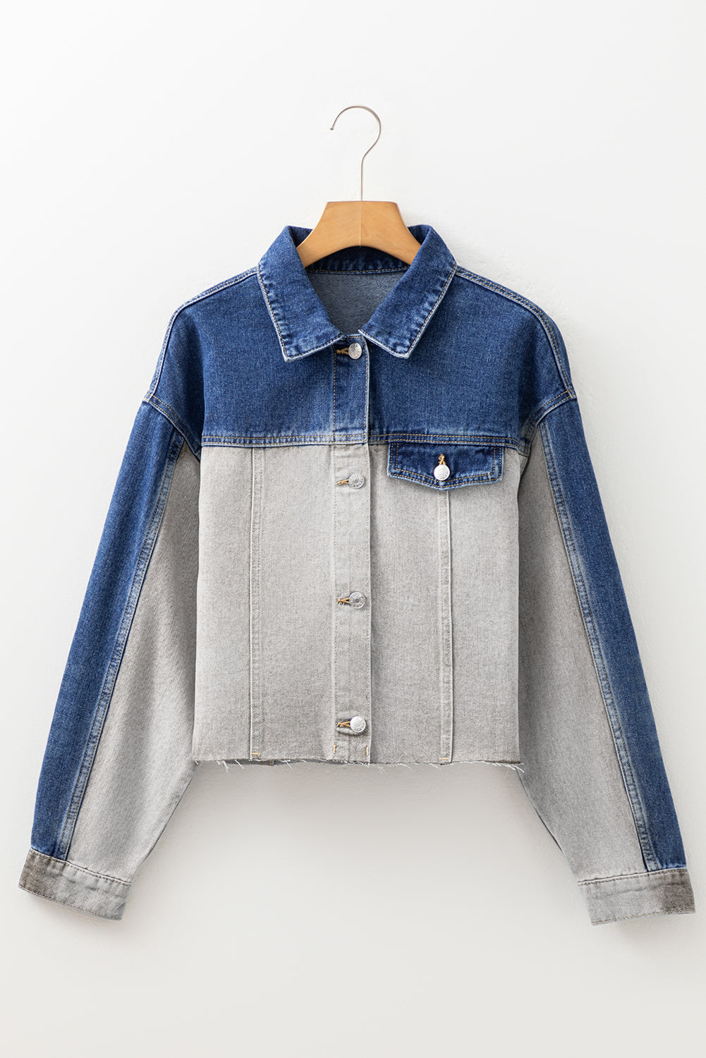 Color Block Patchwork Flap Detail Distress Denim Jacket