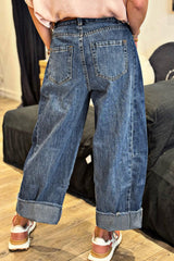 Blue Stitched Raw Hem Wide Leg Loose Jeans