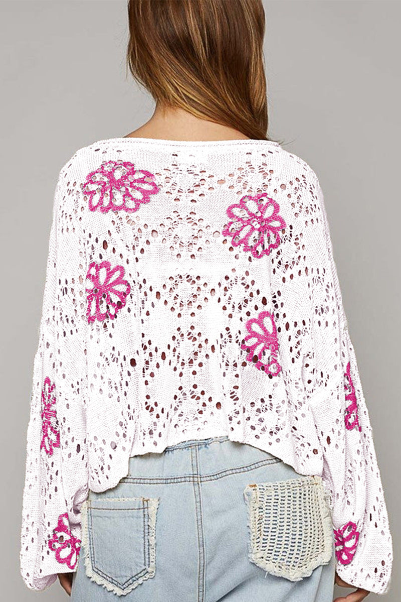 Contrast Flower Print Eyelet Drop Shoulder Sweater