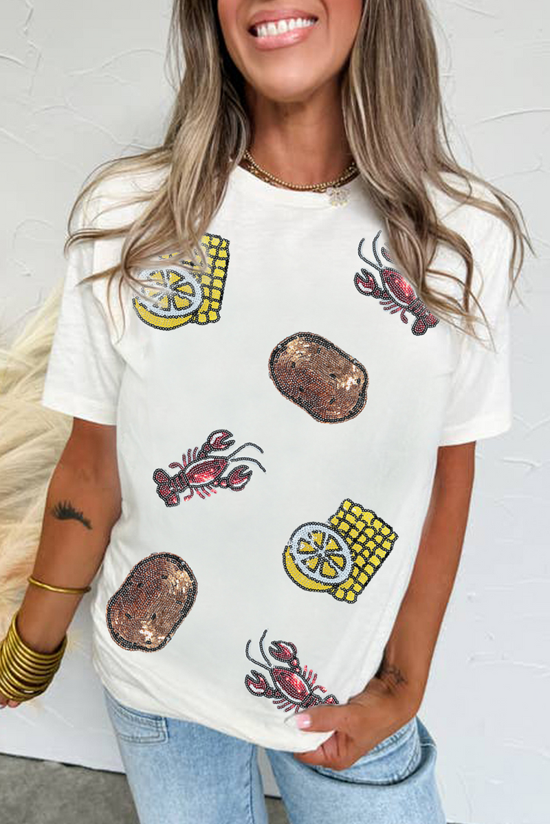Sequin Crawfish Potato Lemon Corn Graphic Crewneck T Shirt