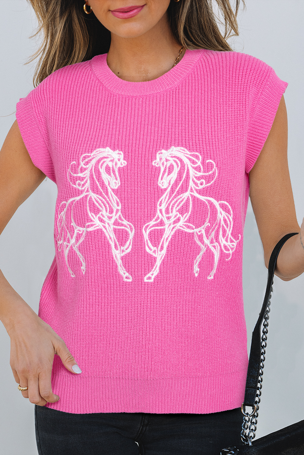 Western Horse Embroidered Round Neck Sweater Tee
