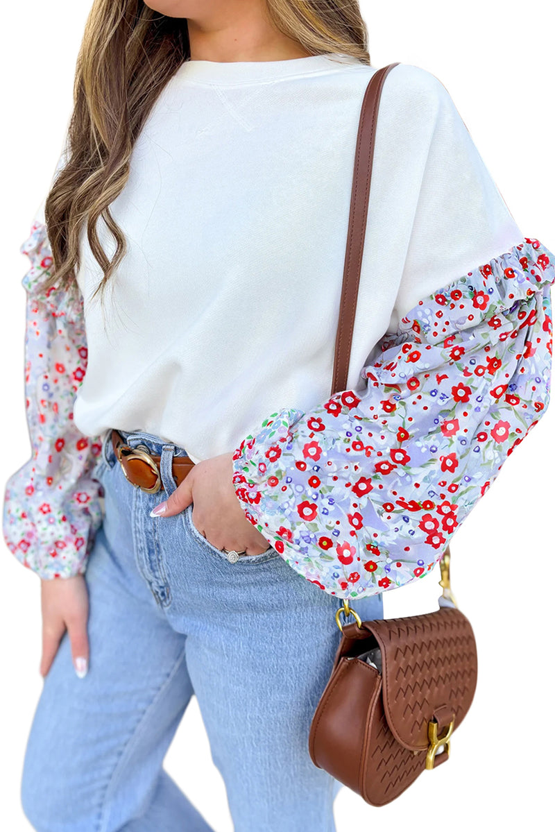 Floral Ruffled Balloon Sleeve Patchwork Loose Blouse