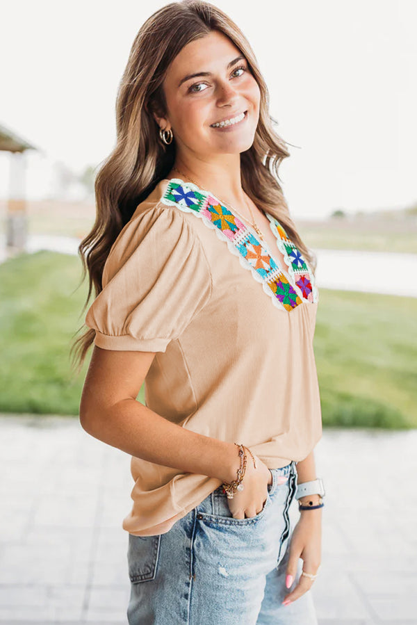 Chestnut Crochet Floral V Neck Textured Short Sleeve Blouse