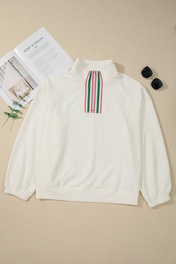 Plus Size Rhombus Texture Contrast Striped Collar Baggy Sweatshirt