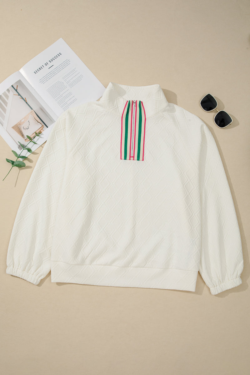 Plus Size Rhombus Texture Contrast Striped Collar Baggy Sweatshirt