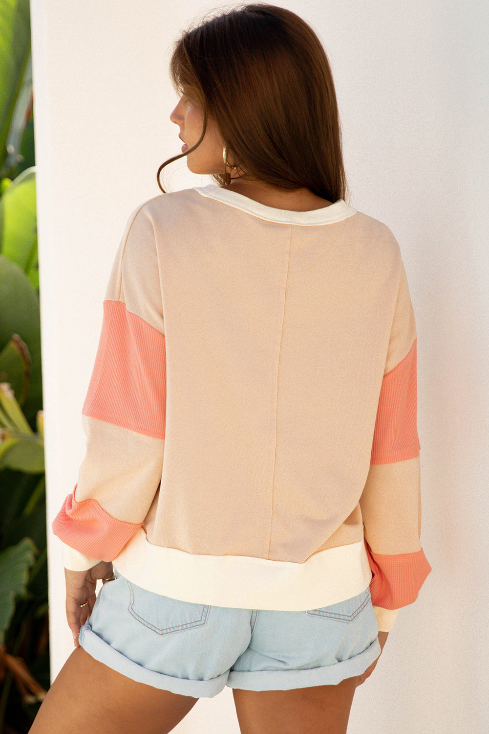 Color Block Textured Patchwork Pullover Sweatshirt
