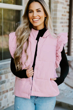 Stand Neck Flutter Sleeve Snap Button Puffer Vest