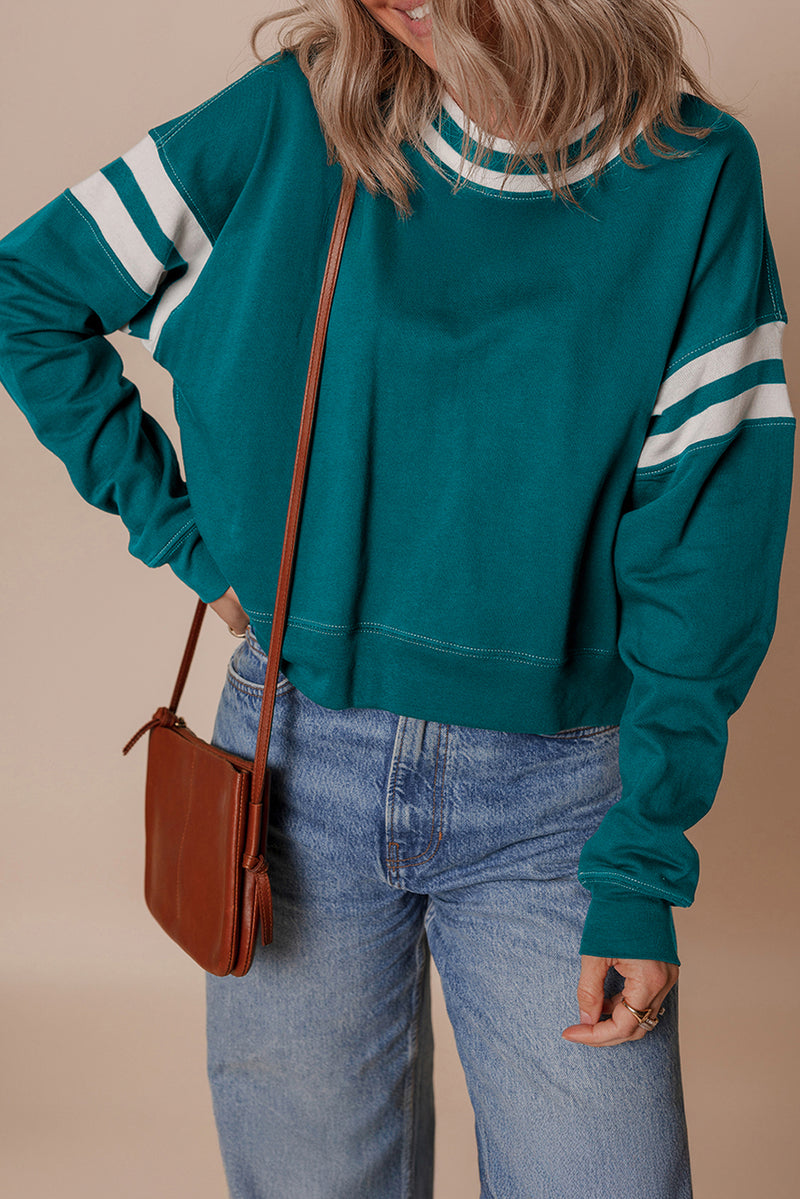 Contrast Striped Patchwork Round Neck Drop Shoulder Sweatshirt