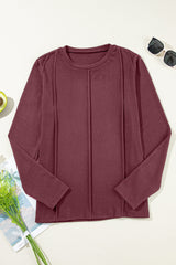 Burgundy Solid Exposed Seam Crew Neck Long Sleeve Top