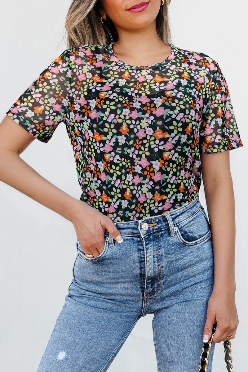 Sheer Floral Mesh Round Neck T Shirt