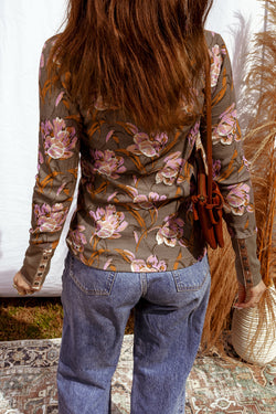 Floral Print Waffle Textured Long Sleeve Top