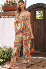 Paisley Printed Spaghetti Straps Elegant Wide Leg Jumpsuit