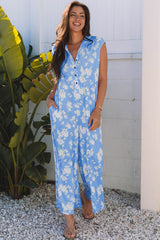 Floral Print Half Button Wide Leg Relaxed Sleeveless Jumpsuit
