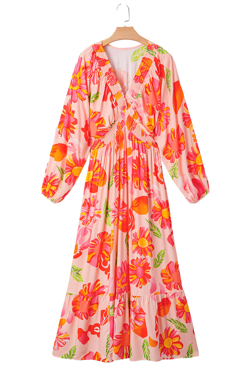 Floral Print Smocked Detail V Neck Puff Sleeve Flowy Maxi Dress