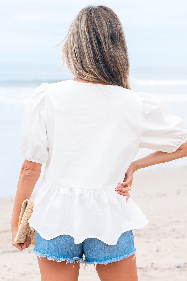Bow Knot Decor Square Neck Puff Sleeve Peplum Top