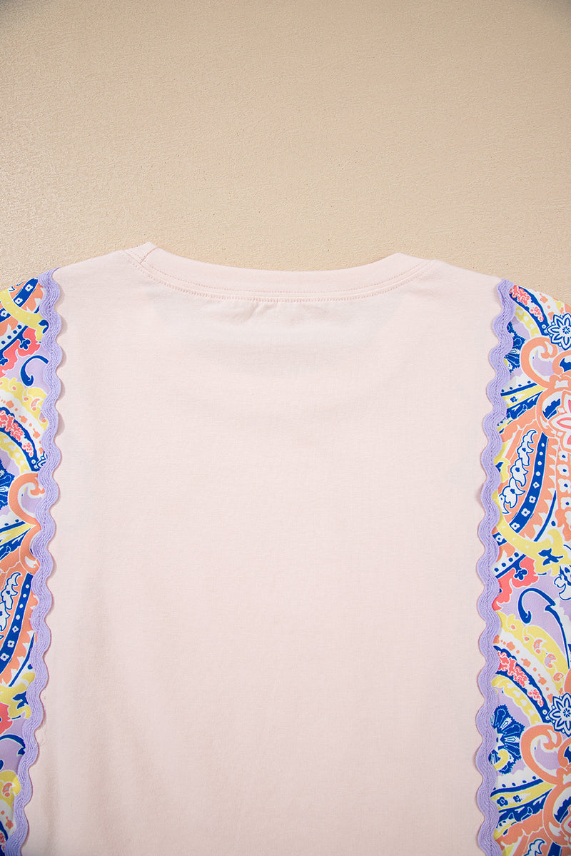 Delicacy Ricrac Trim Floral Plaid Patchwork Puff Sleeve Blouse