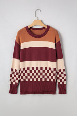 Checkered Color Block Knitted Drop Shoulder Sweater