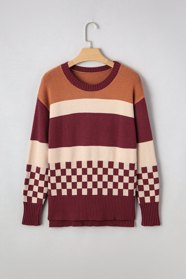 Checkered Color Block Knitted Drop Shoulder Sweater
