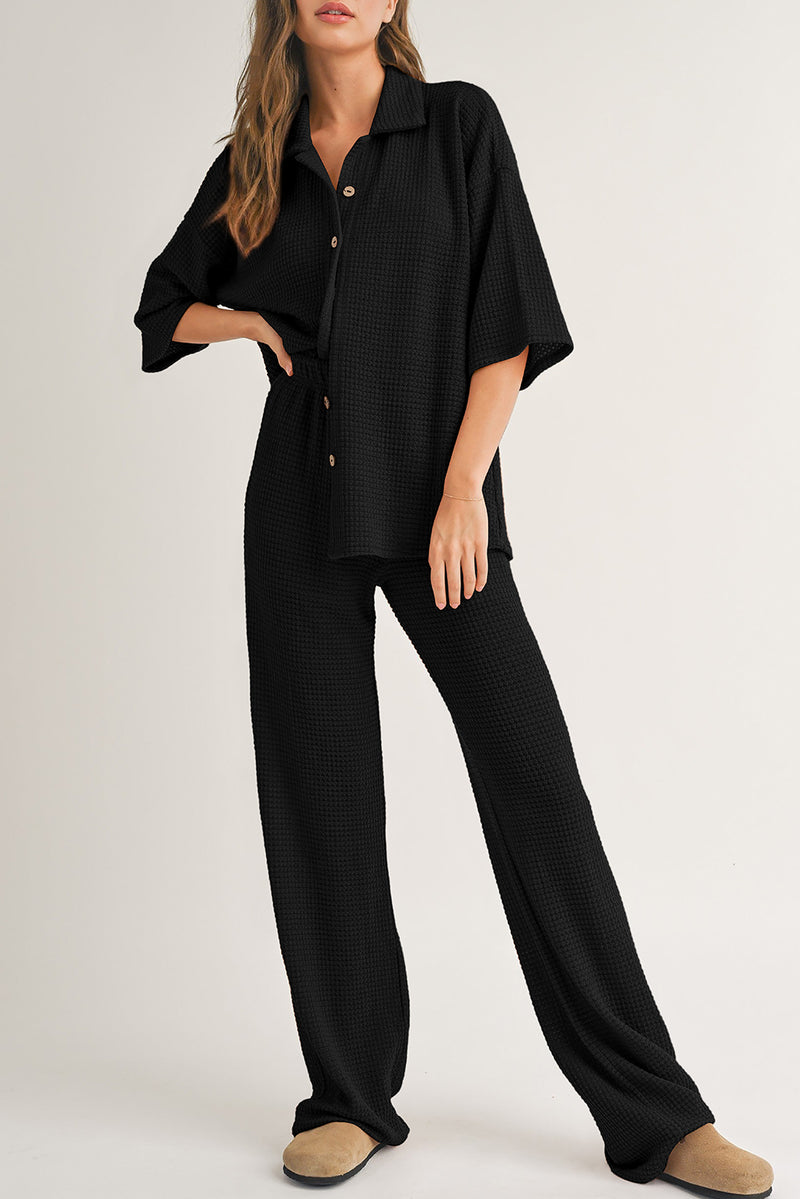 Textured Buttoned Shirt and Casual Pants Set