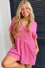 Spiral Ribbed Short Sleeve V Neck Buttoned Romper with Pocket